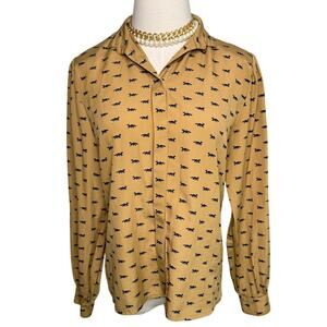 Vintage Windsmoor dragon fox print secretary blouse gold navy blue size XS/S